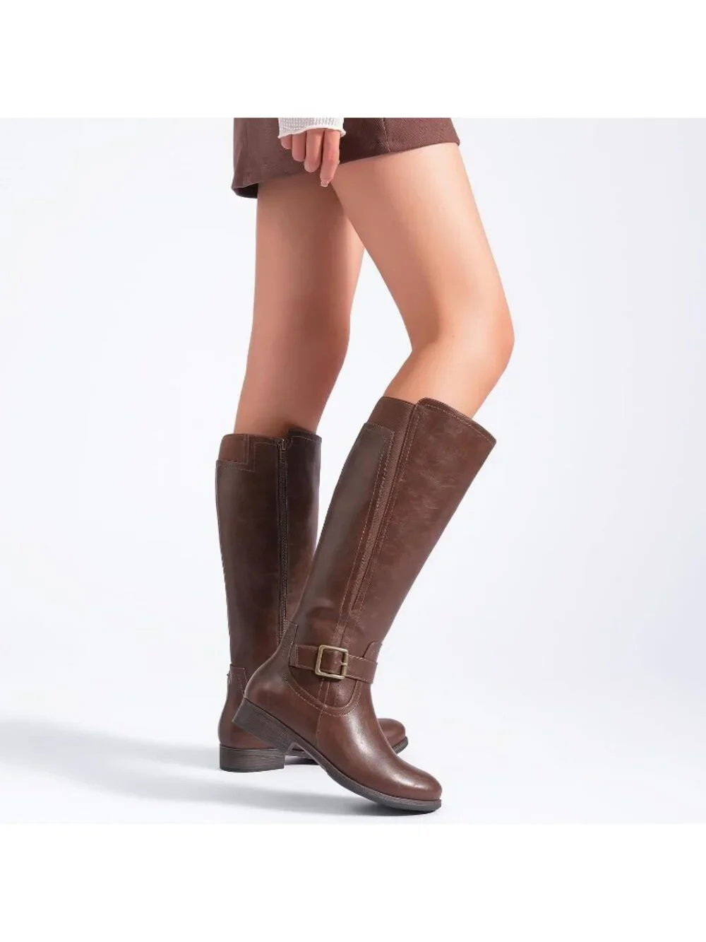 Women's Brown Platform Slouchy Side Zipper Comfort Round Toe Knee High Boots